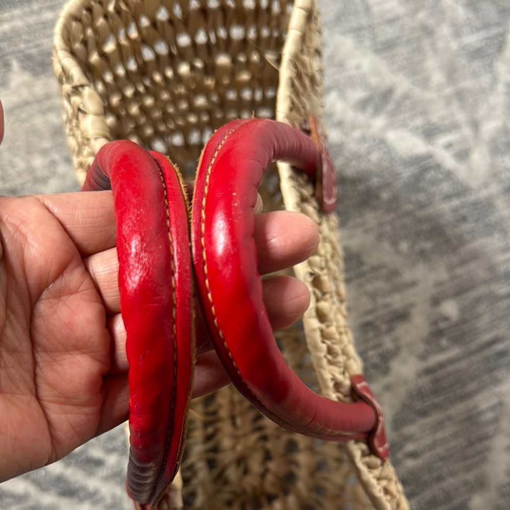 Woven Straw Tote with leather  Red Handles - Picture 8 of 8